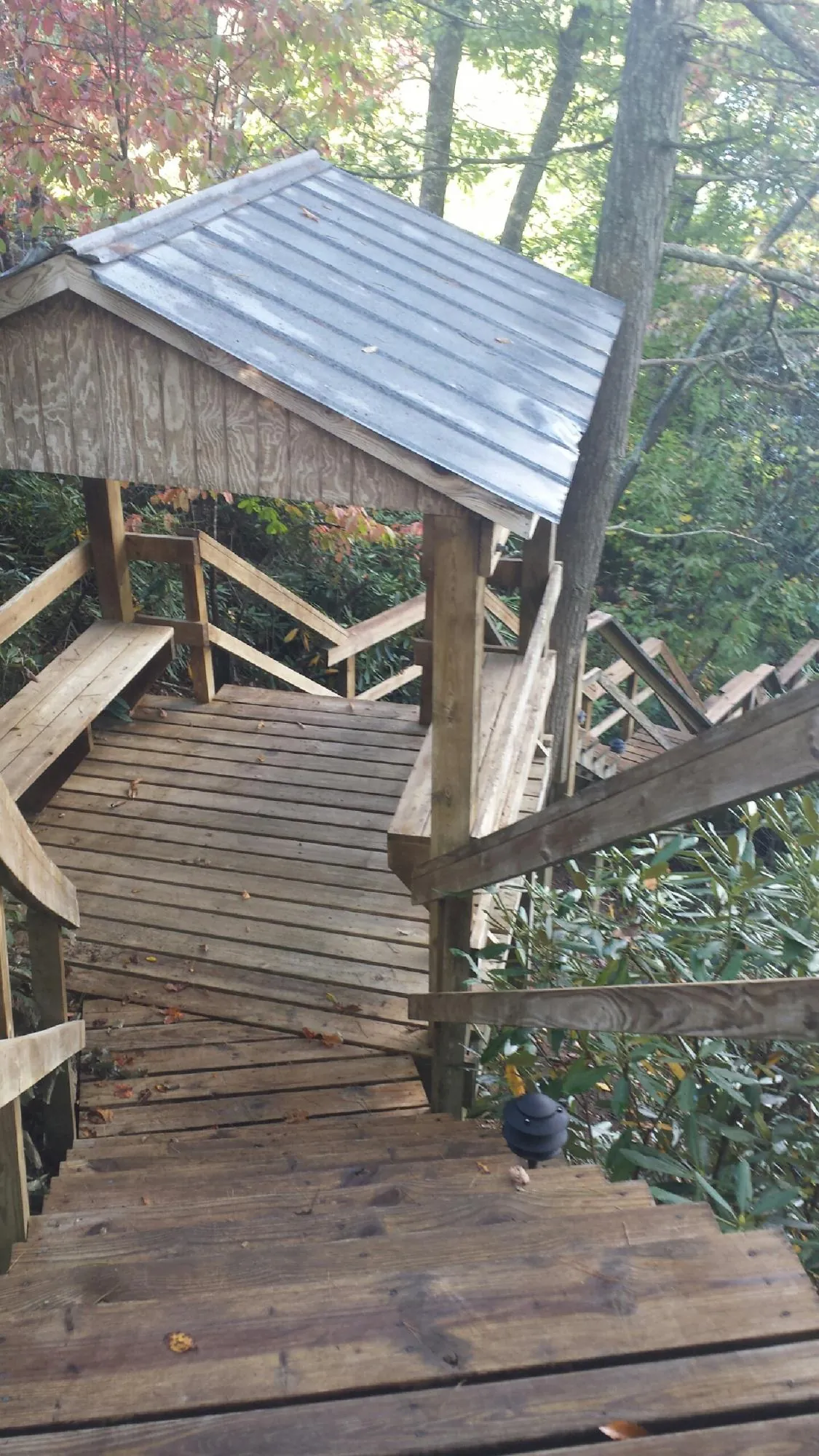 Metal roofed shelter over wooden steps on a wooded walkway — Skylight Repair & Installation work by our crew in Mcloud